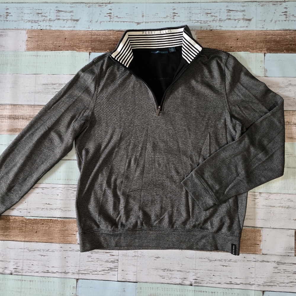 Perry Ellis Men's Charcoal Zip-Neck Sweater with Striped Collar